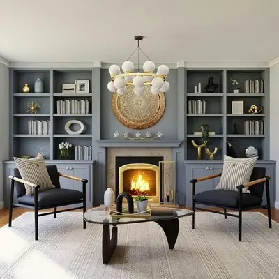 A decorated living room with a fireplace, table, and two chairs