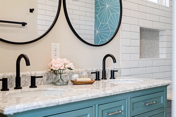 Designed Bathroom, with Two Sinks and Mirrors